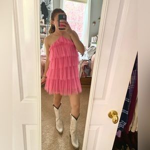 Pink ruffle high-neck mini dress, size small, worn once.